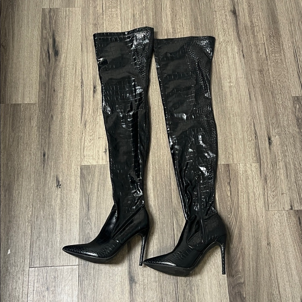 Forever 21 Black Croc Embossed Thigh High Over the Knee Boots Sz 10 - Picture 2 of 15
